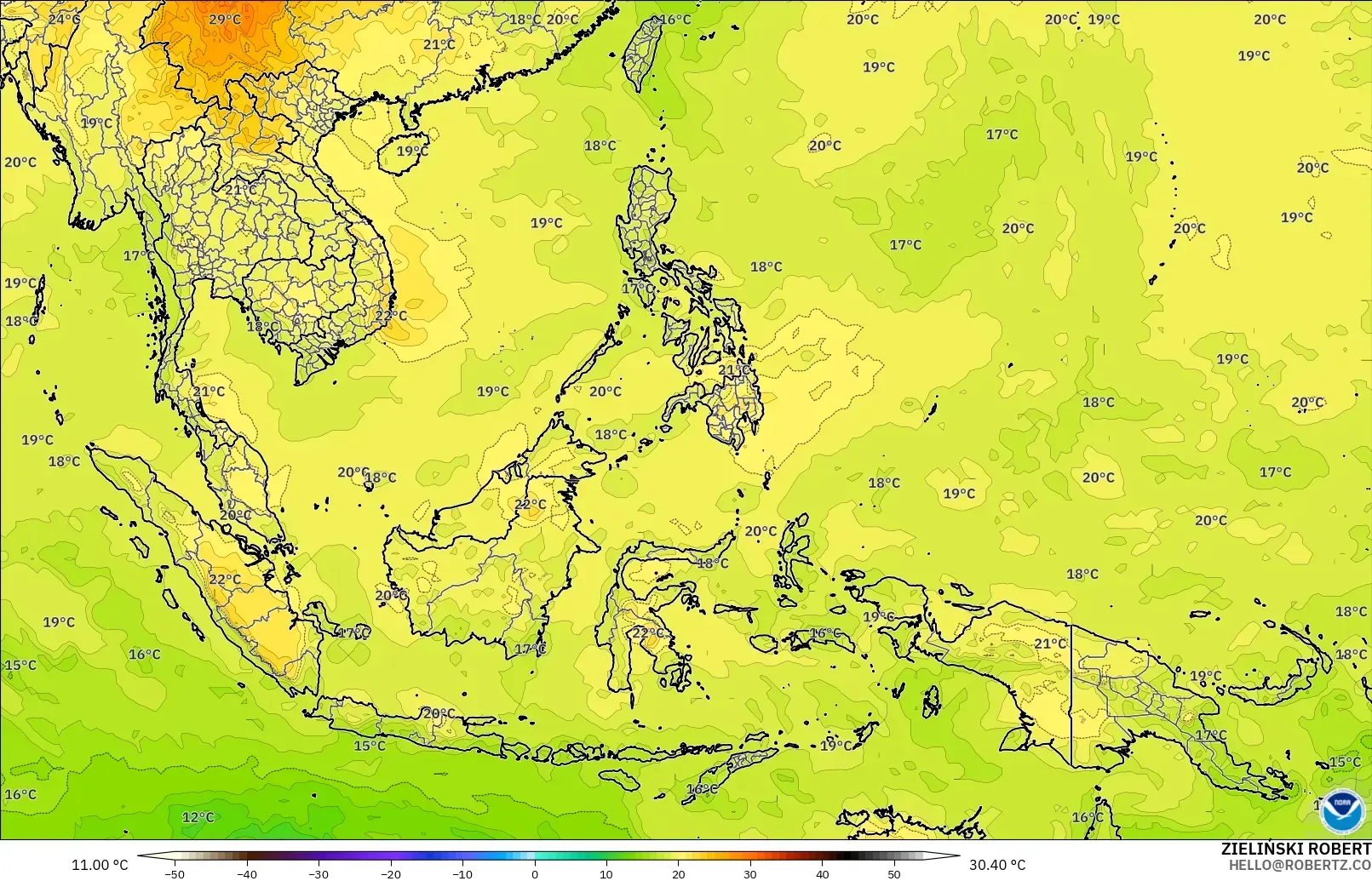 GFS modelo - Sudeste Asiático, Temperatura a 850 hPa