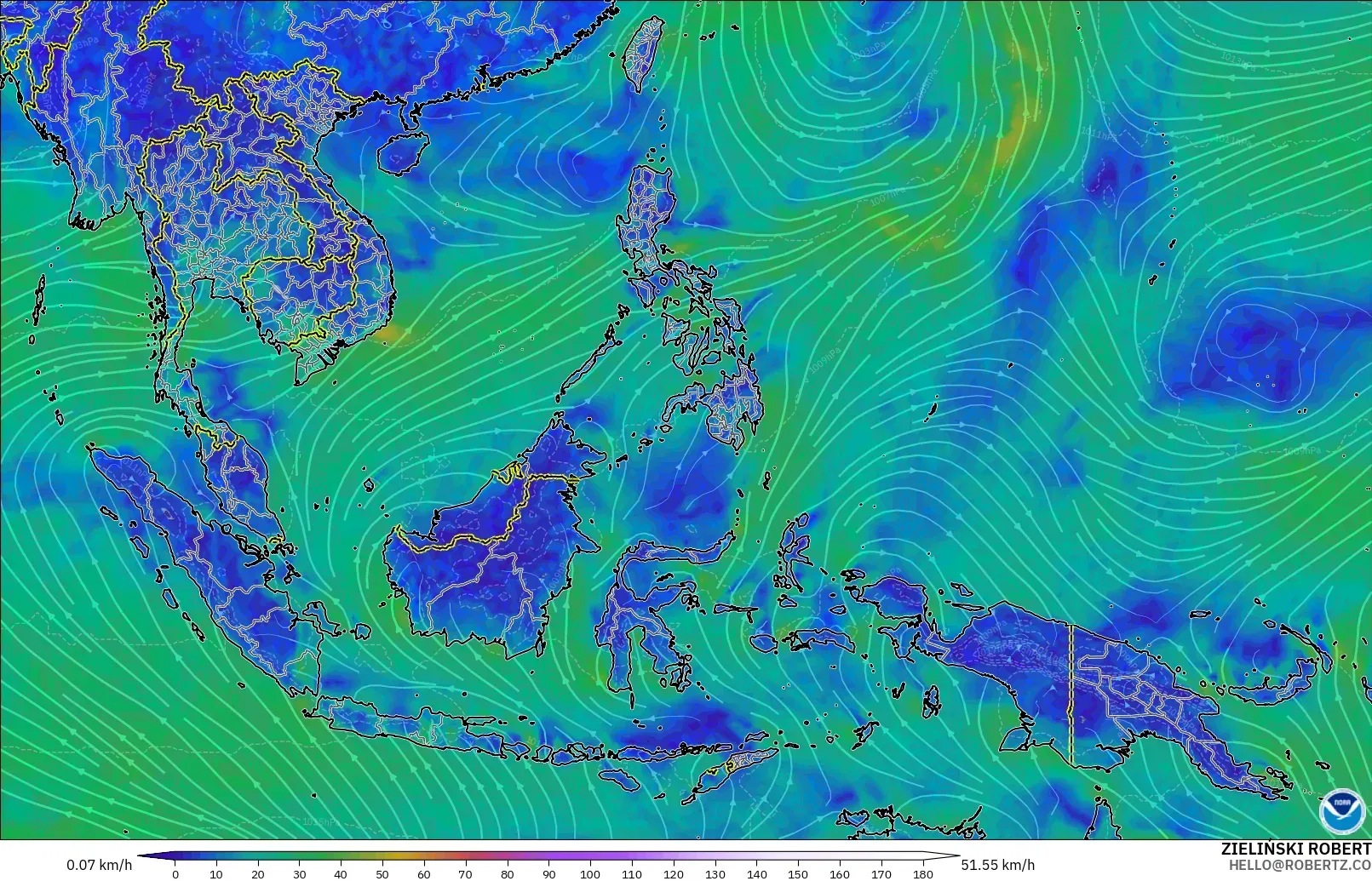 GFS modelo - Sudeste Asiático, Viento a 10 m