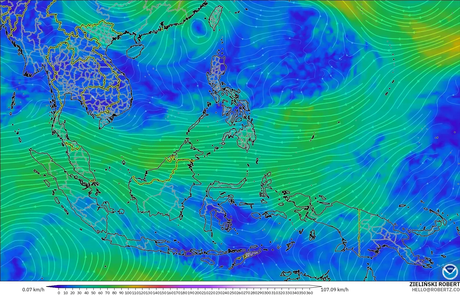 GFS modelo - Sudeste Asiático, Viento a 300 hPa (corriente en chorro)