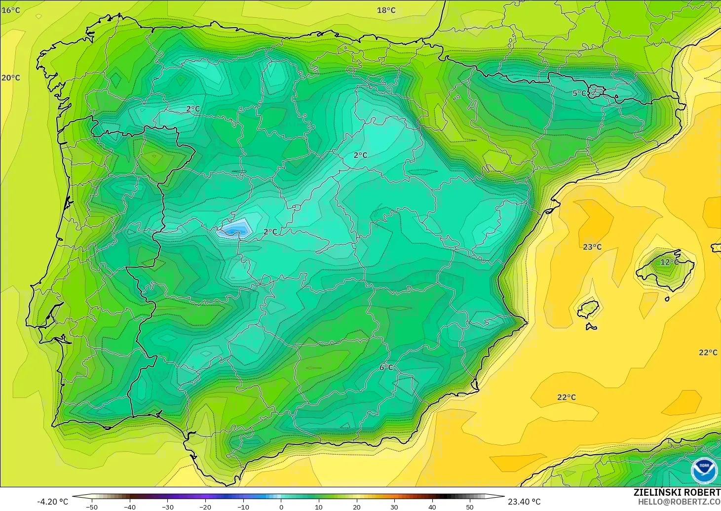 GFS modelo - España, Punto de rocío a 2 m