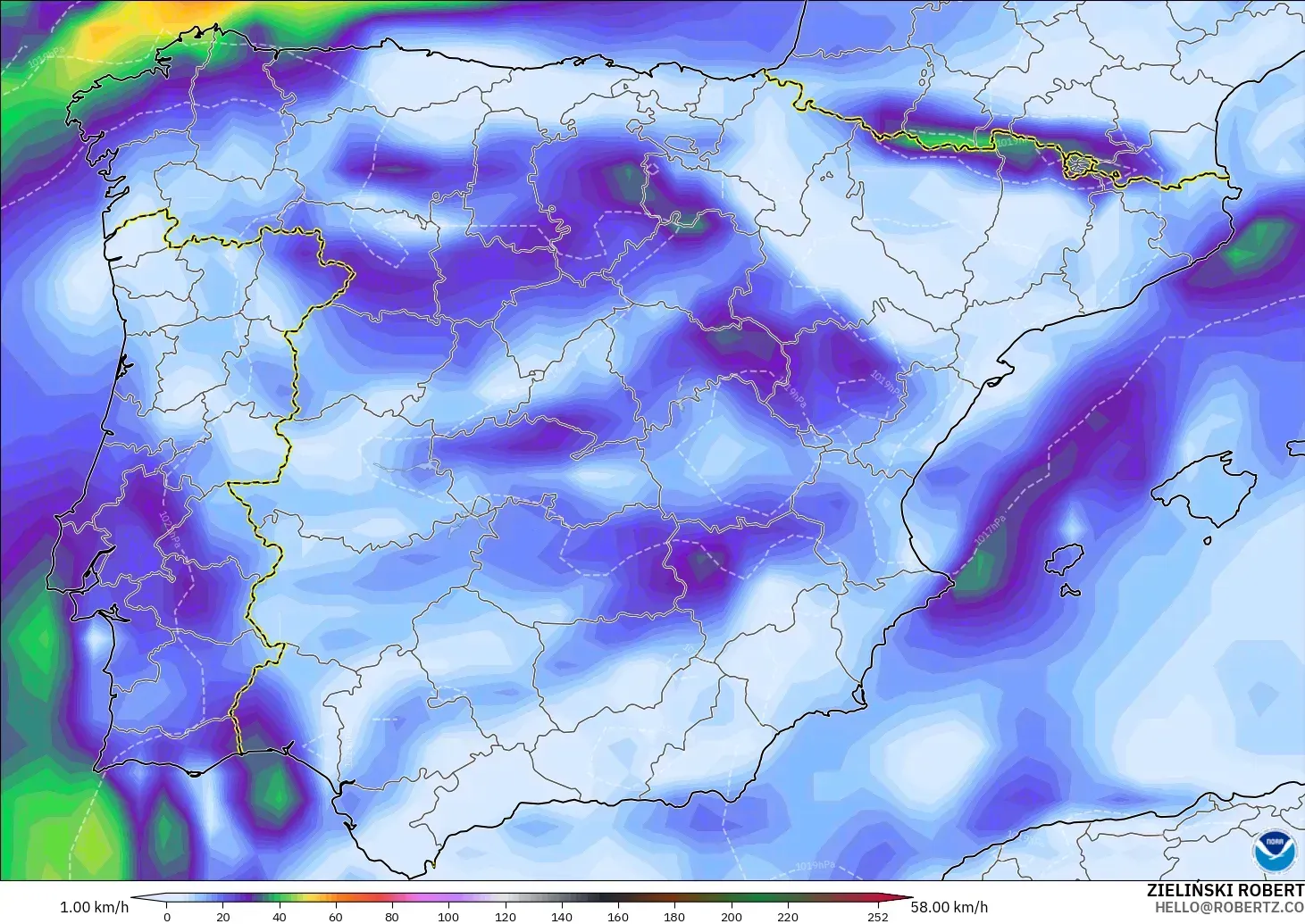 GFS modelo - España, Ráfagas de viento
