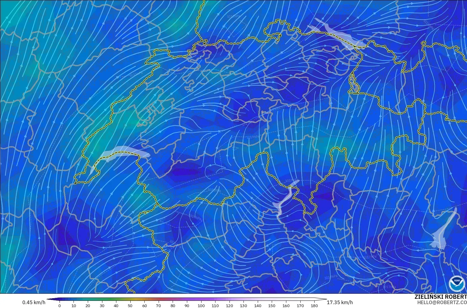 GFS modelo - Suiza, Viento a 10 m