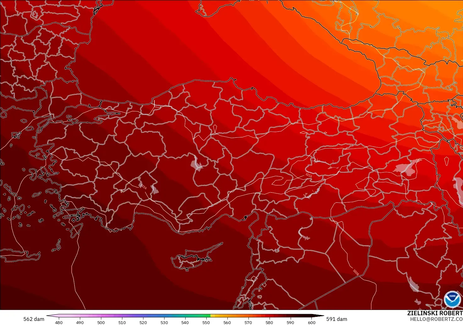GFS modelo - Turquía, Altura geopotencial a 500 hPa