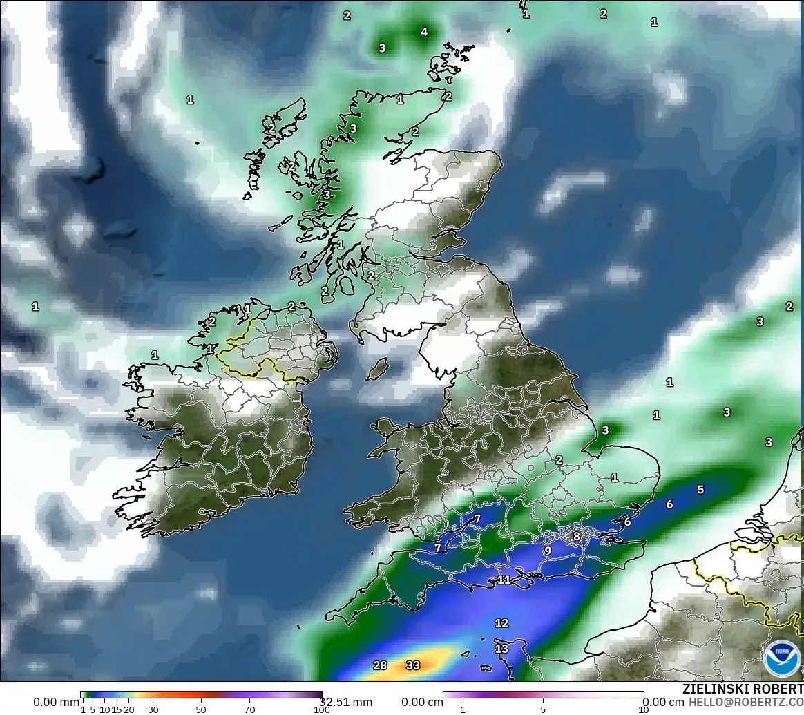 GFS modelo - Reino Unido, Precipitación, nubes y presión