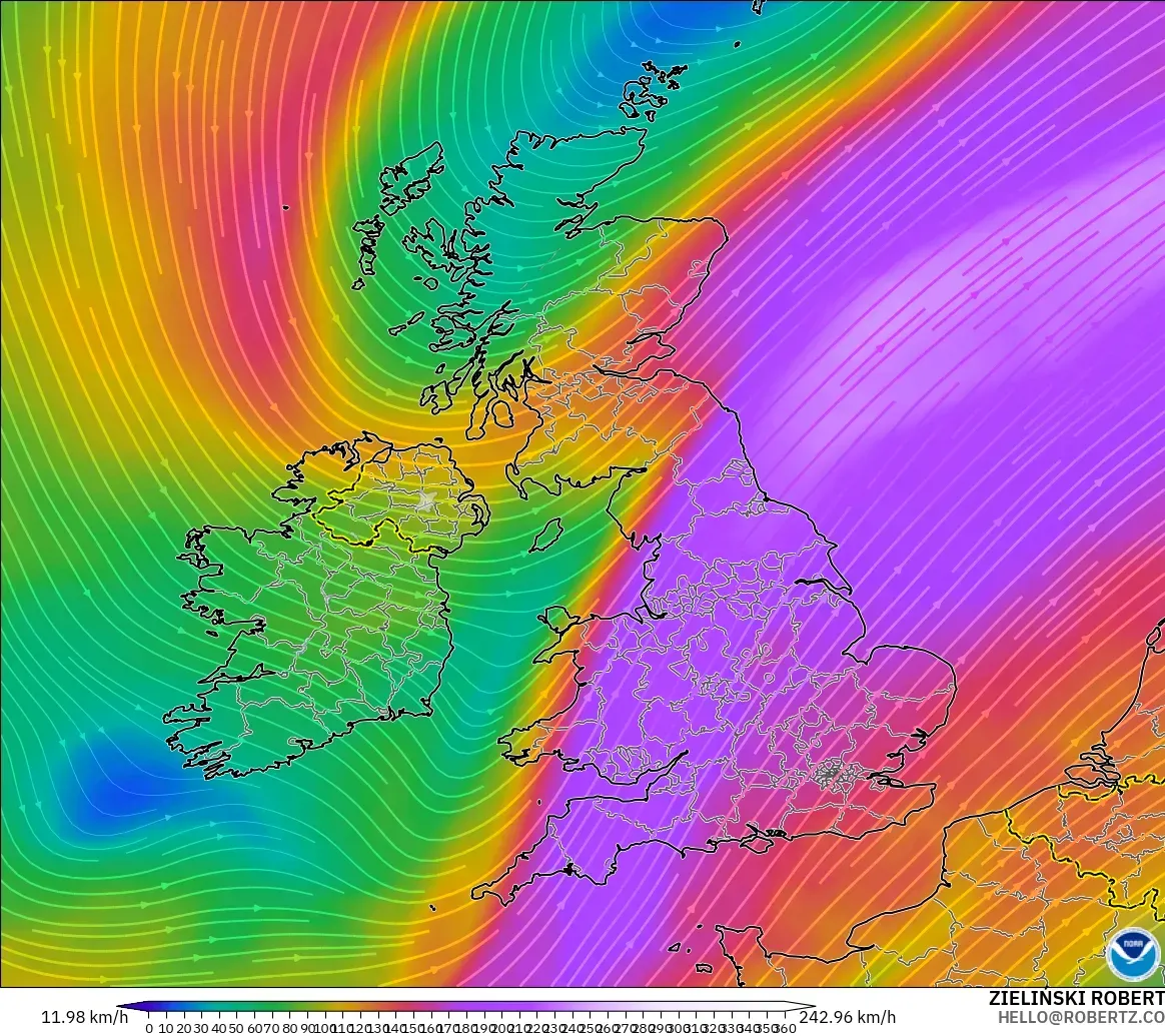 GFS modelo - Reino Unido, Viento a 300 hPa (corriente en chorro)