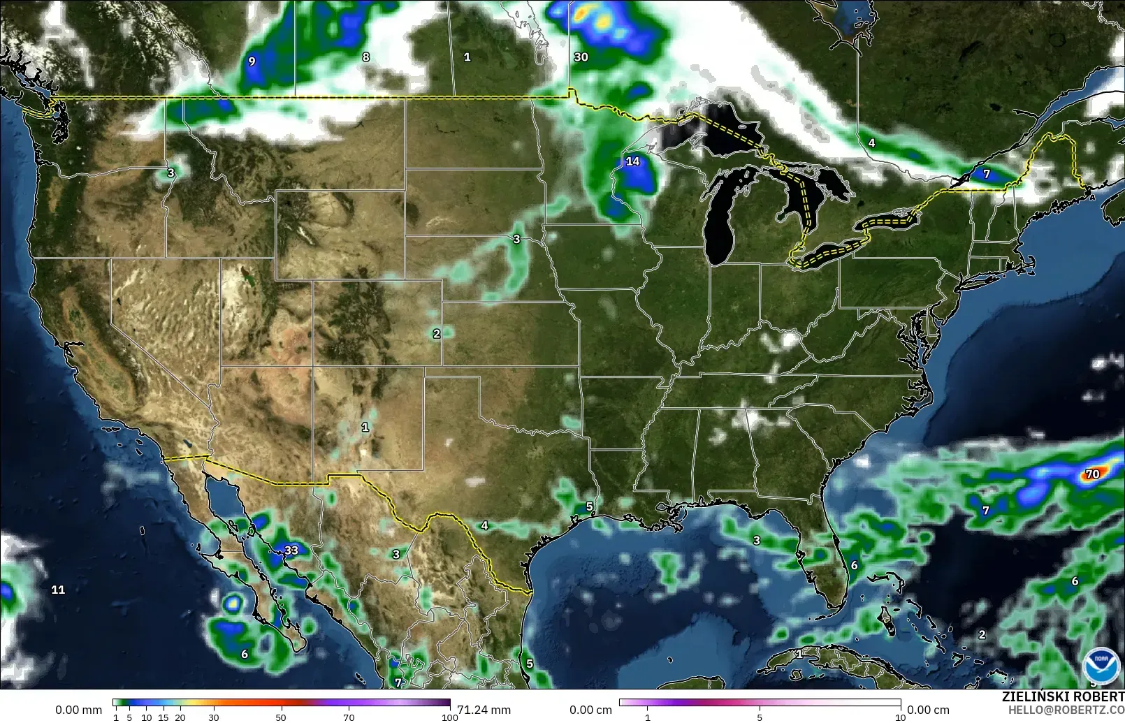 GFS modelo - Estados Unidos, Precipitación, nubes y presión