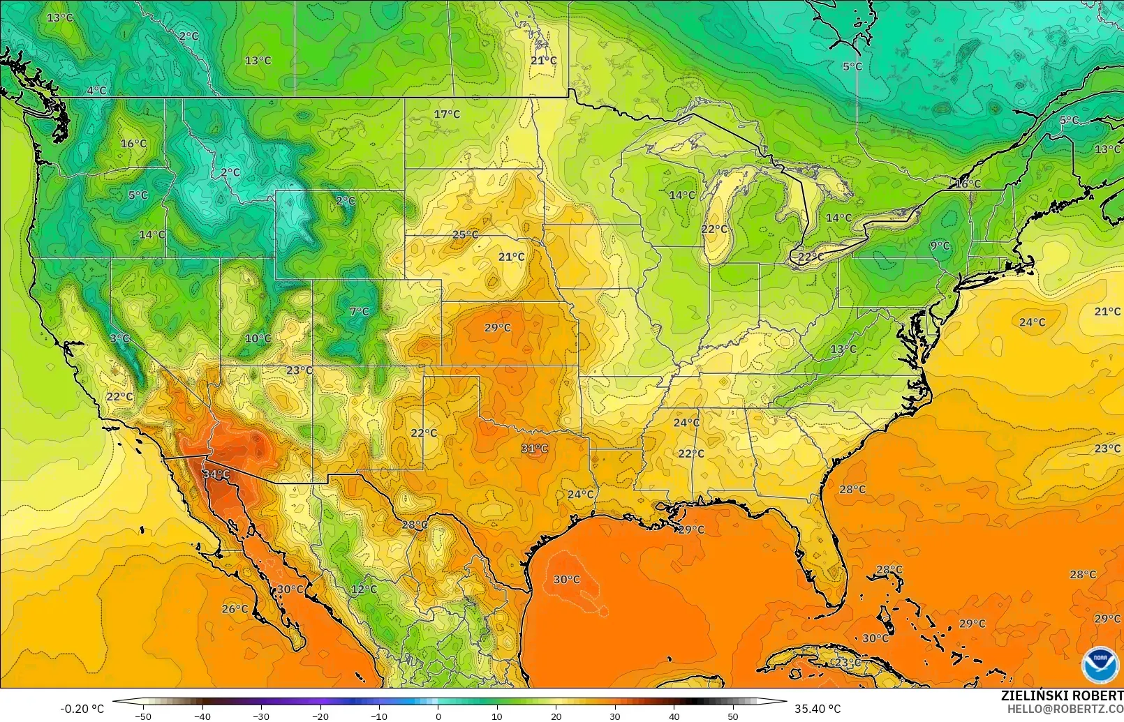 GFS modelo - Estados Unidos, Temperatura a 2 m