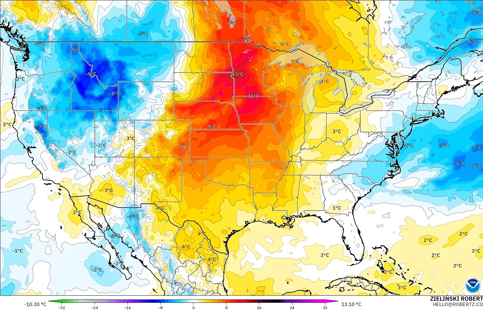GFS modelo - Estados Unidos, Anomalía de temperatura a 850 hPa