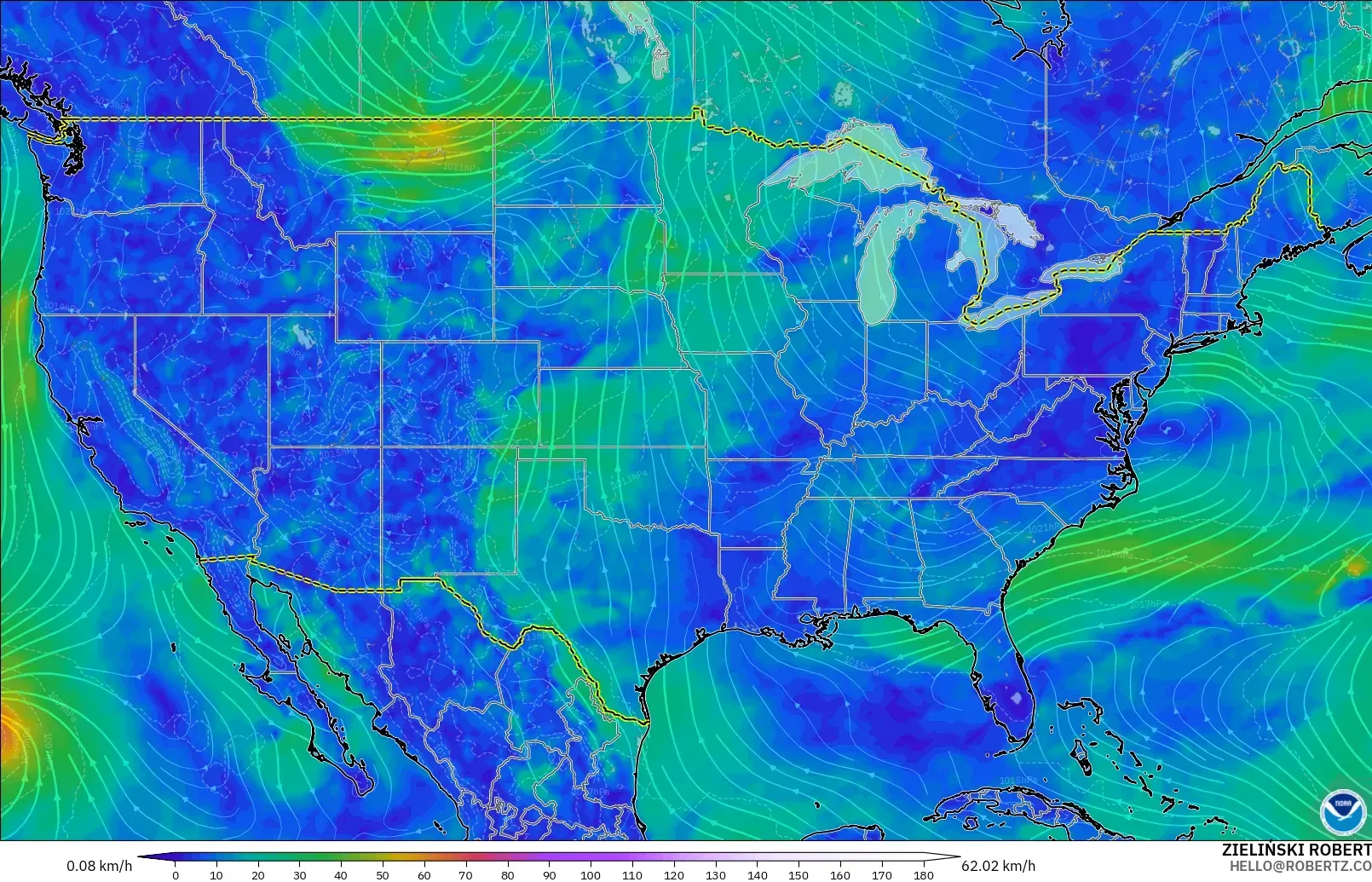 GFS modelo - Estados Unidos, Viento a 10 m