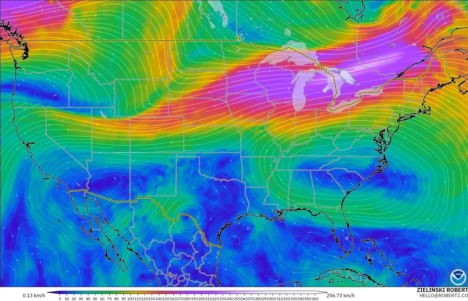 GFS modelo - Estados Unidos, Viento a 300 hPa (corriente en chorro)