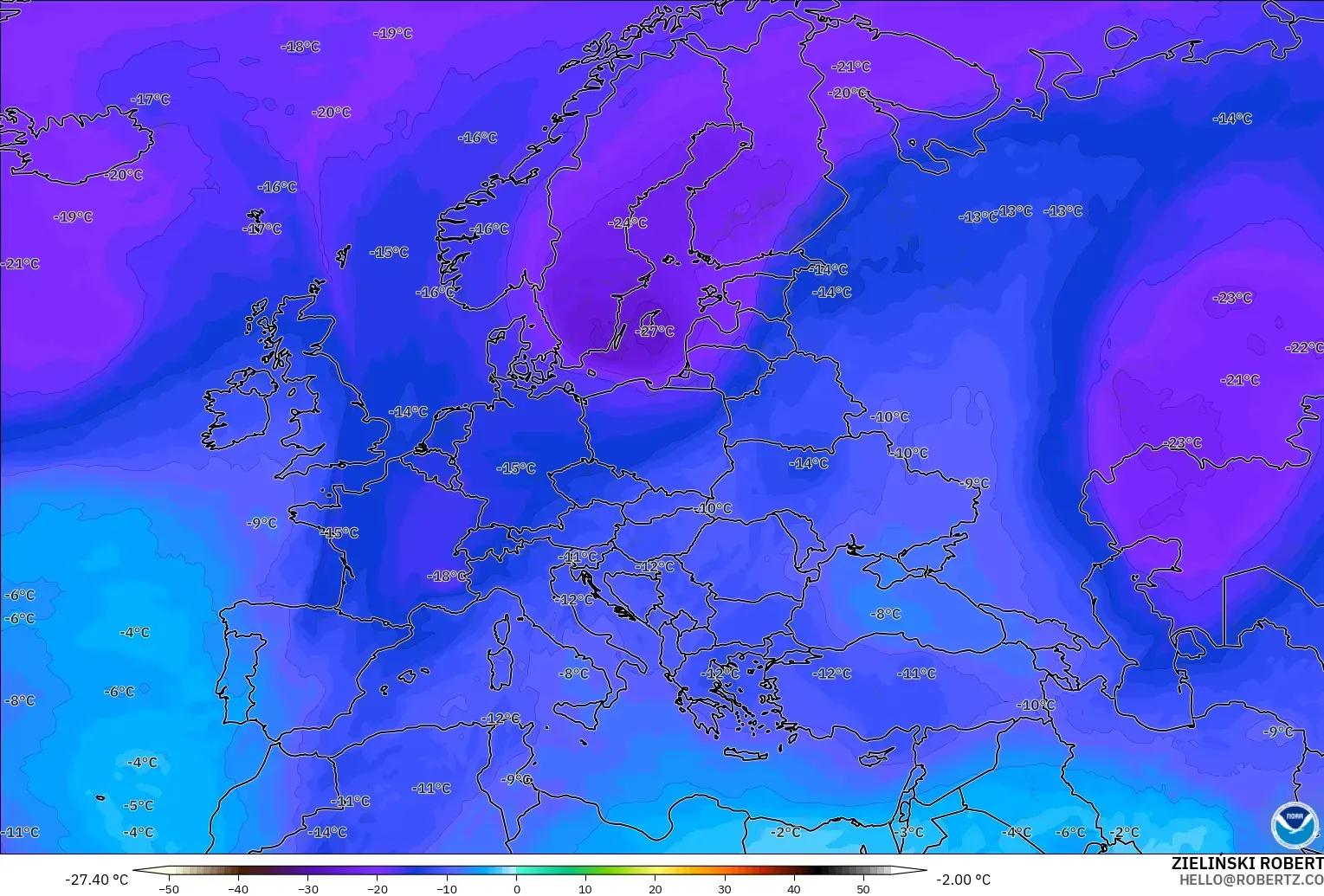GFS modelo - Europa, Temperatura a 500 hPa