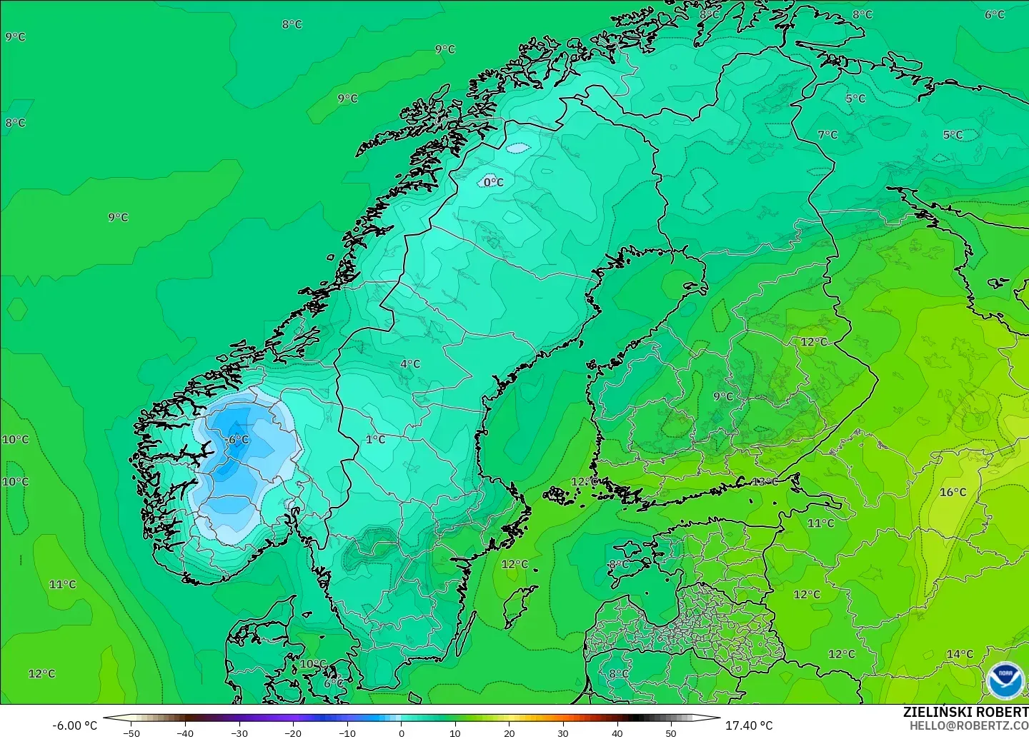 GFS modelo - Escandinavia, Punto de rocío a 2 m