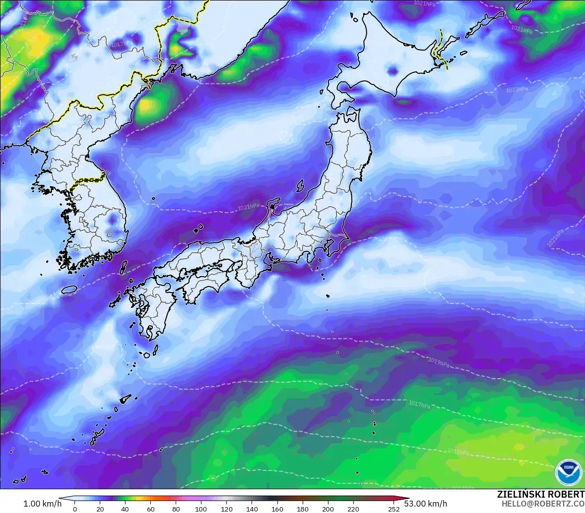 GFS modelo - Japón, Ráfagas de viento
