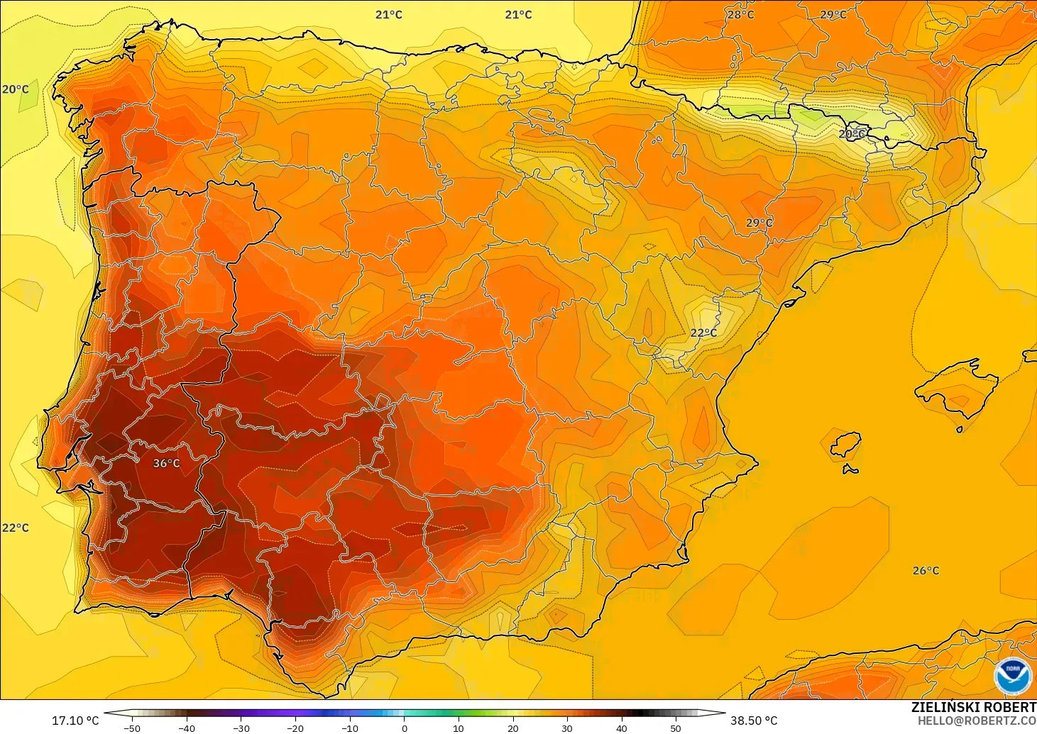 GFS modelo - España, Temperatura a 2 m