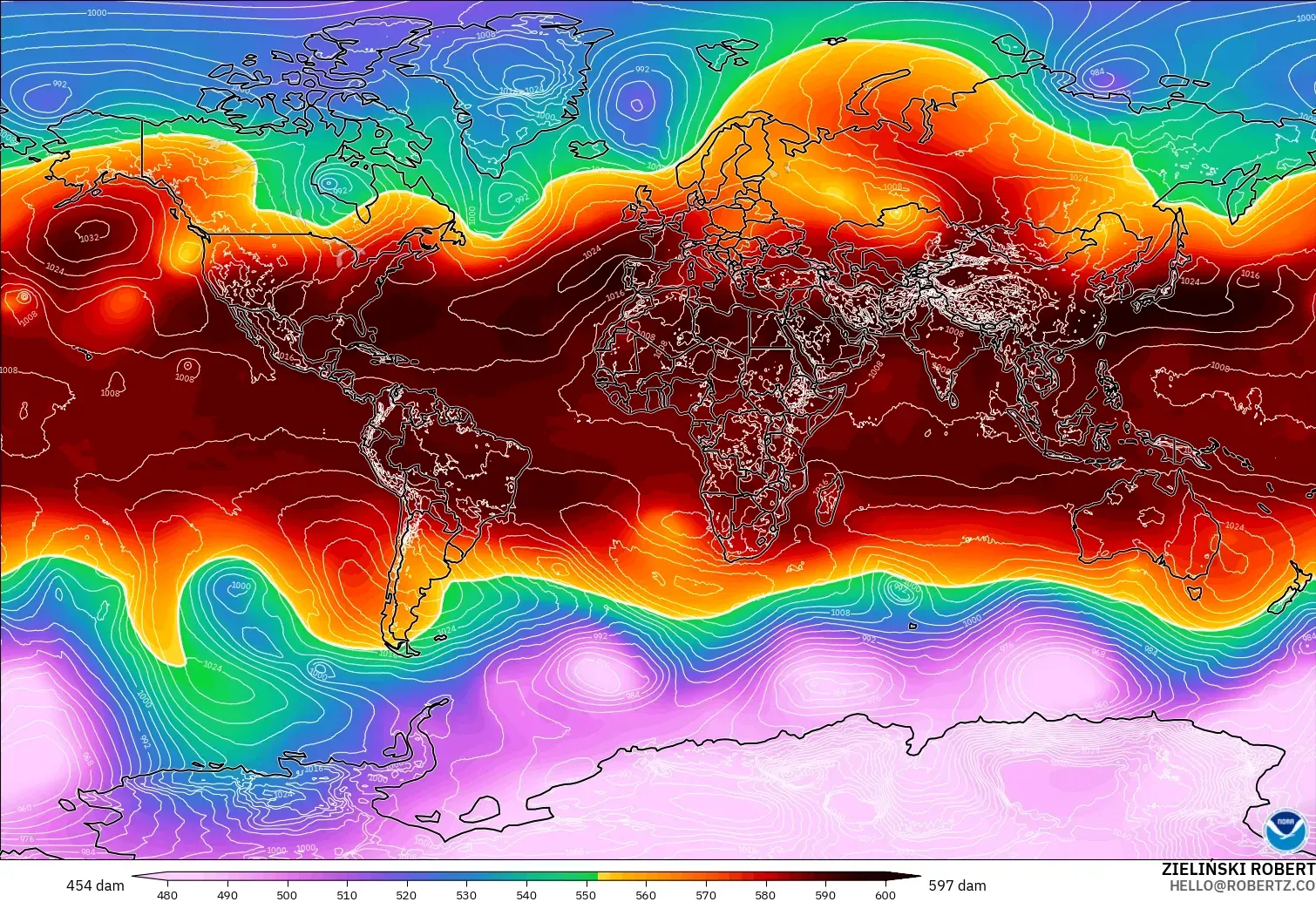 GFS modelo - Mundo, Altura geopotencial a 500 hPa