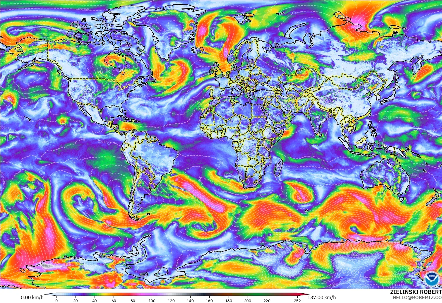 GFS modelo - Mundo, Ráfagas de viento