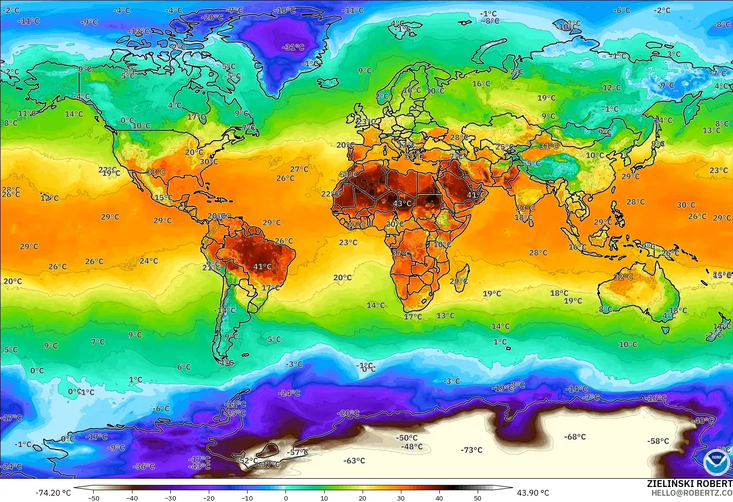 GFS modelo - Mundo, Temperatura a 2 m