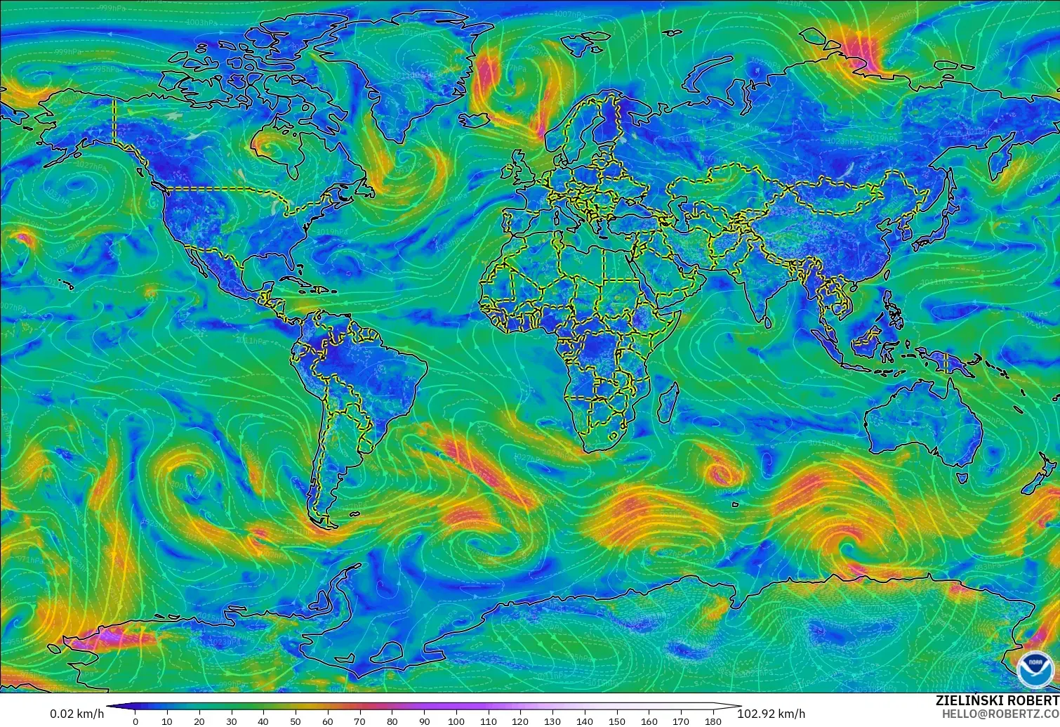 GFS modelo - Mundo, Viento a 10 m
