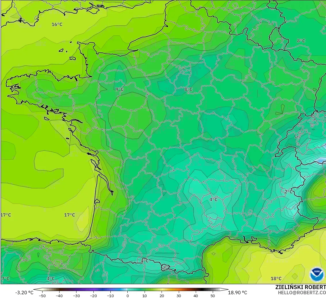 GFS modelo - Francia, Punto de rocío a 2 m