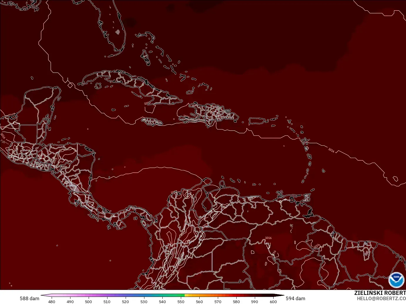GFS modelo - Caribe, Altura geopotencial a 500 hPa