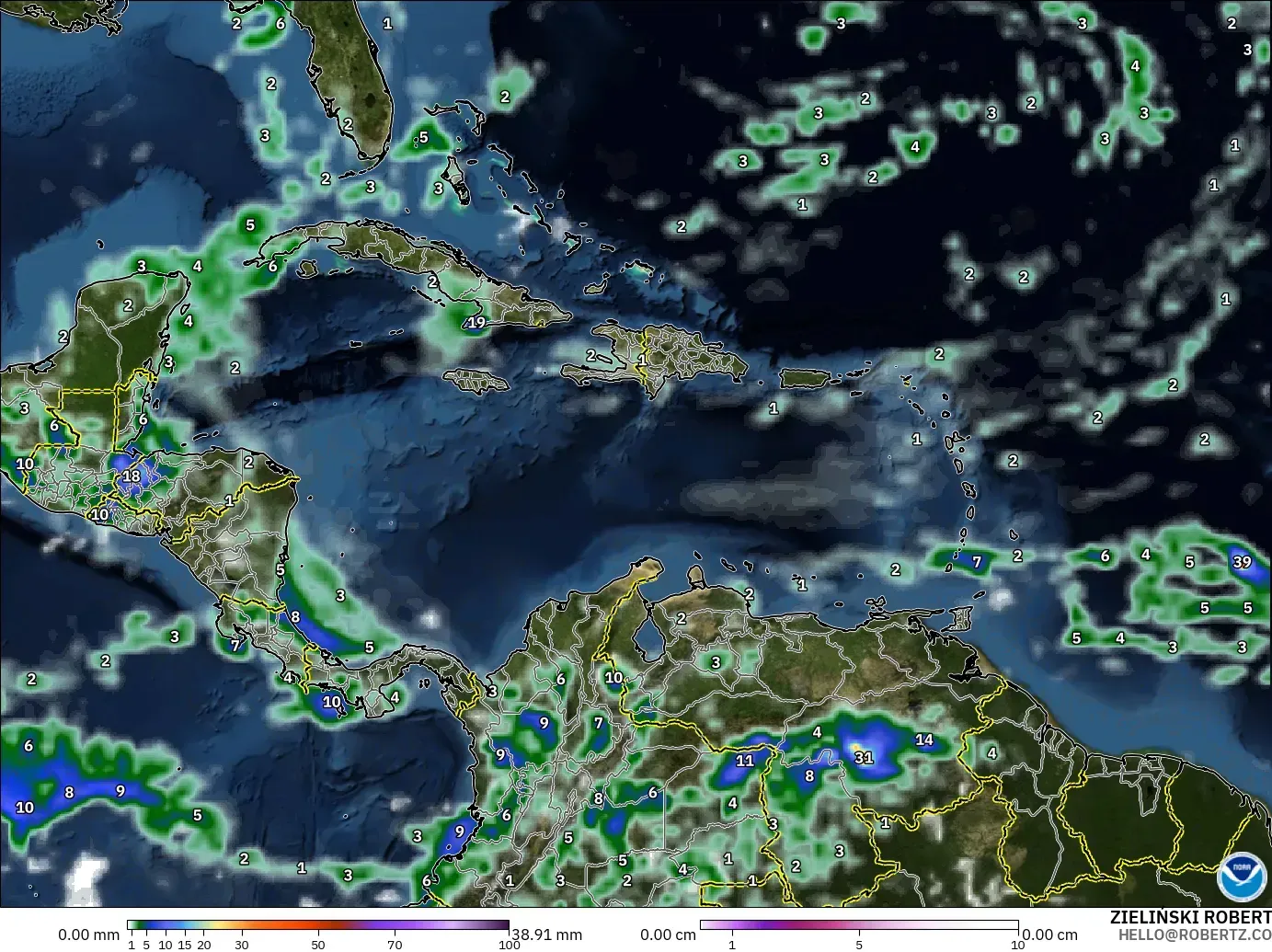 GFS modelo - Caribe, Precipitación, nubes y presión