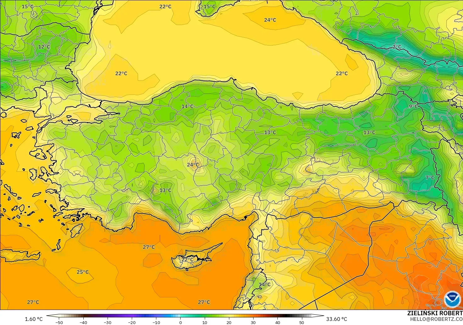 GFS modelo - Turquía, Temperatura a 2 m