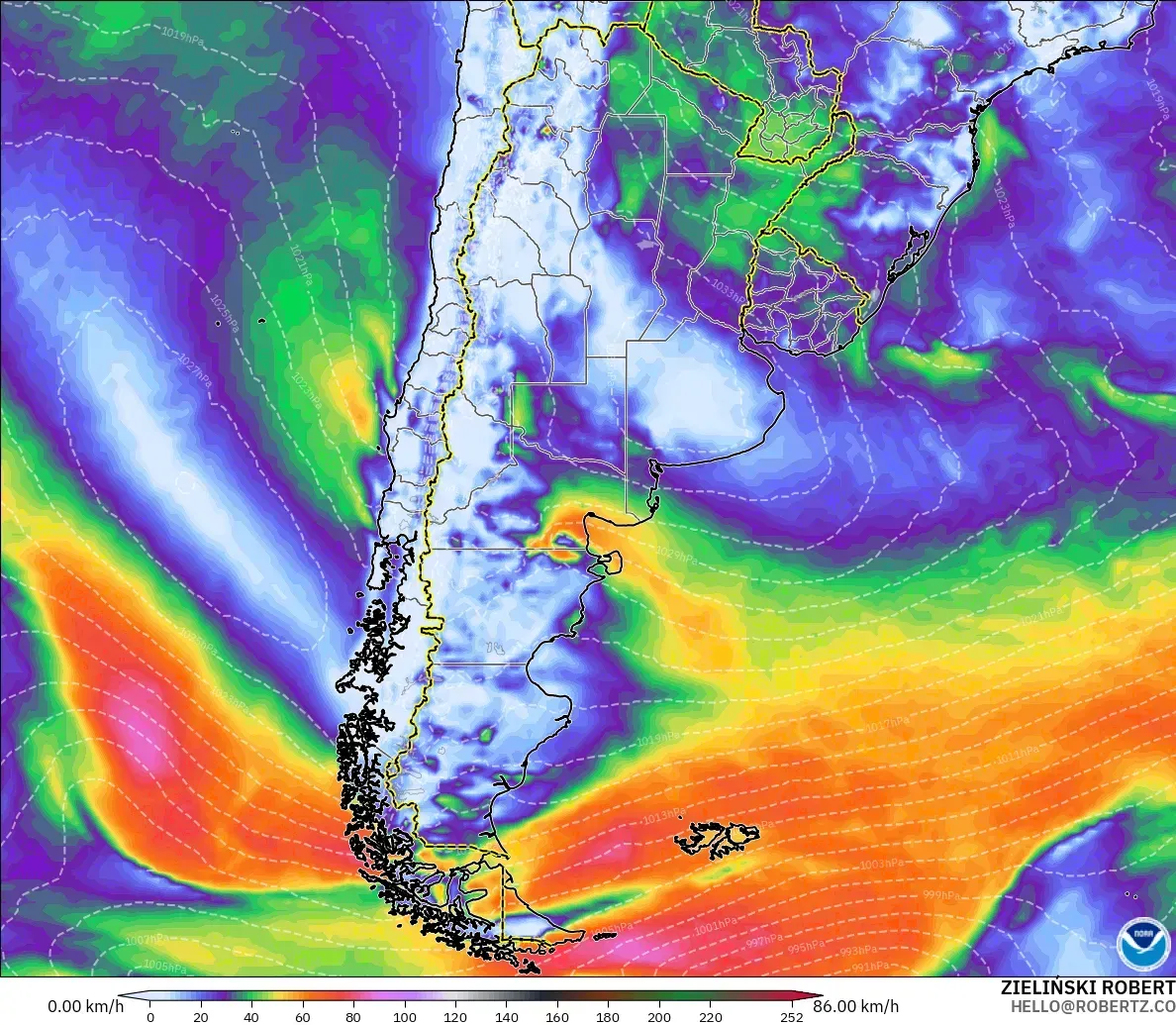 GFS modelo - Argentina, Ráfagas de viento