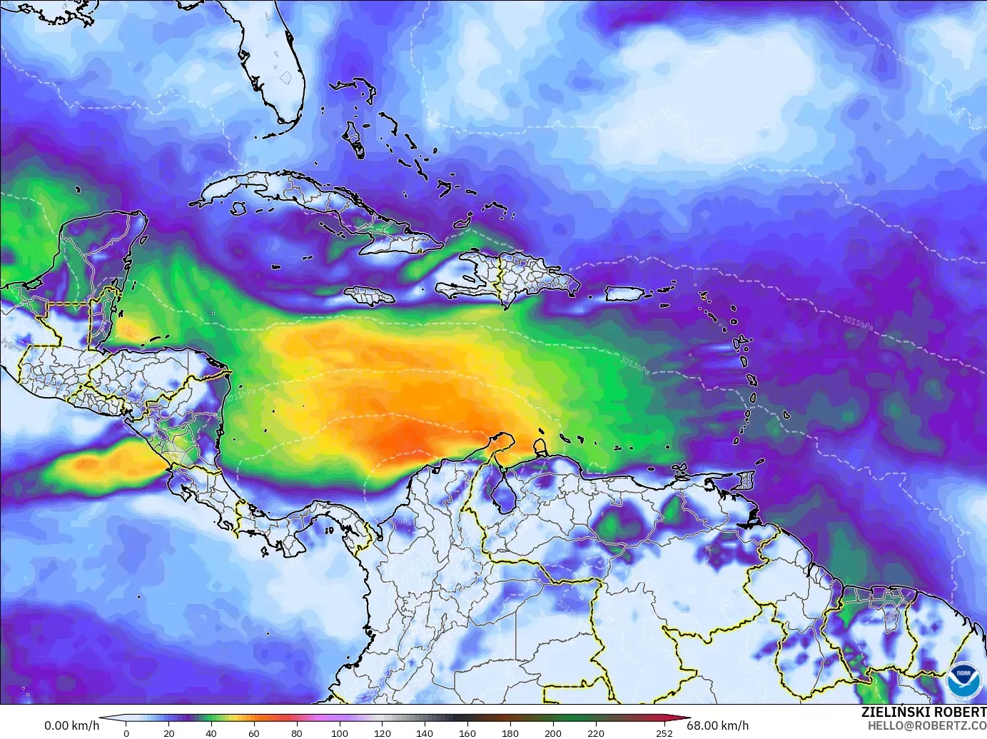 GFS modelo - Caribe, Ráfagas de viento