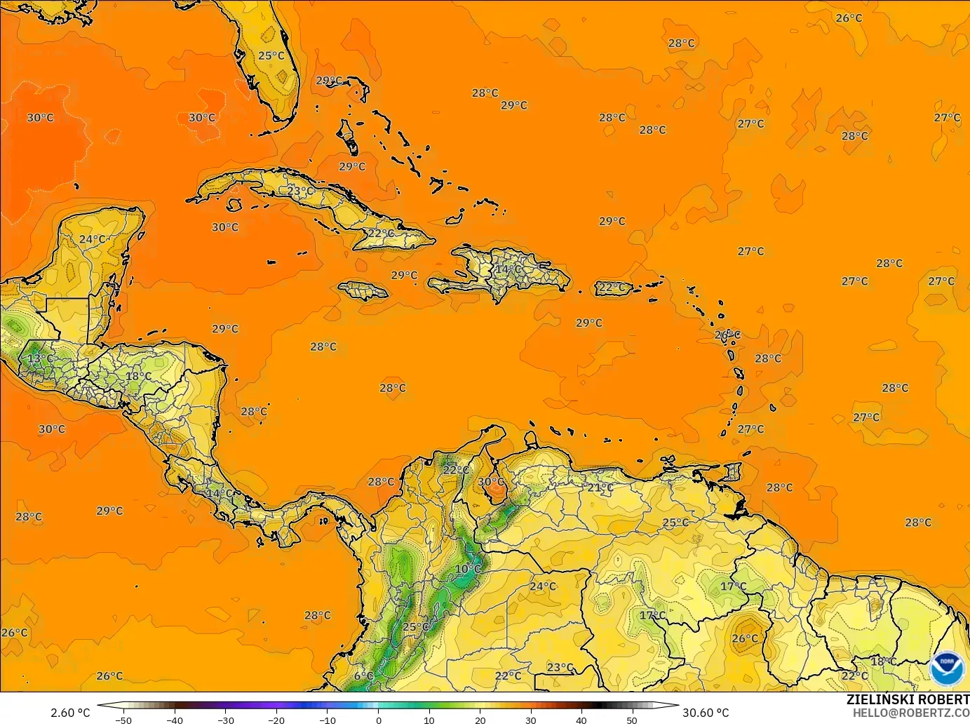 GFS modelo - Caribe, Temperatura a 2 m