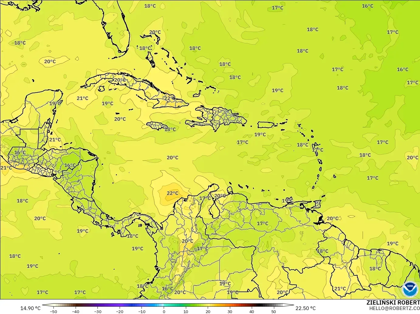GFS modelo - Caribe, Temperatura a 850 hPa
