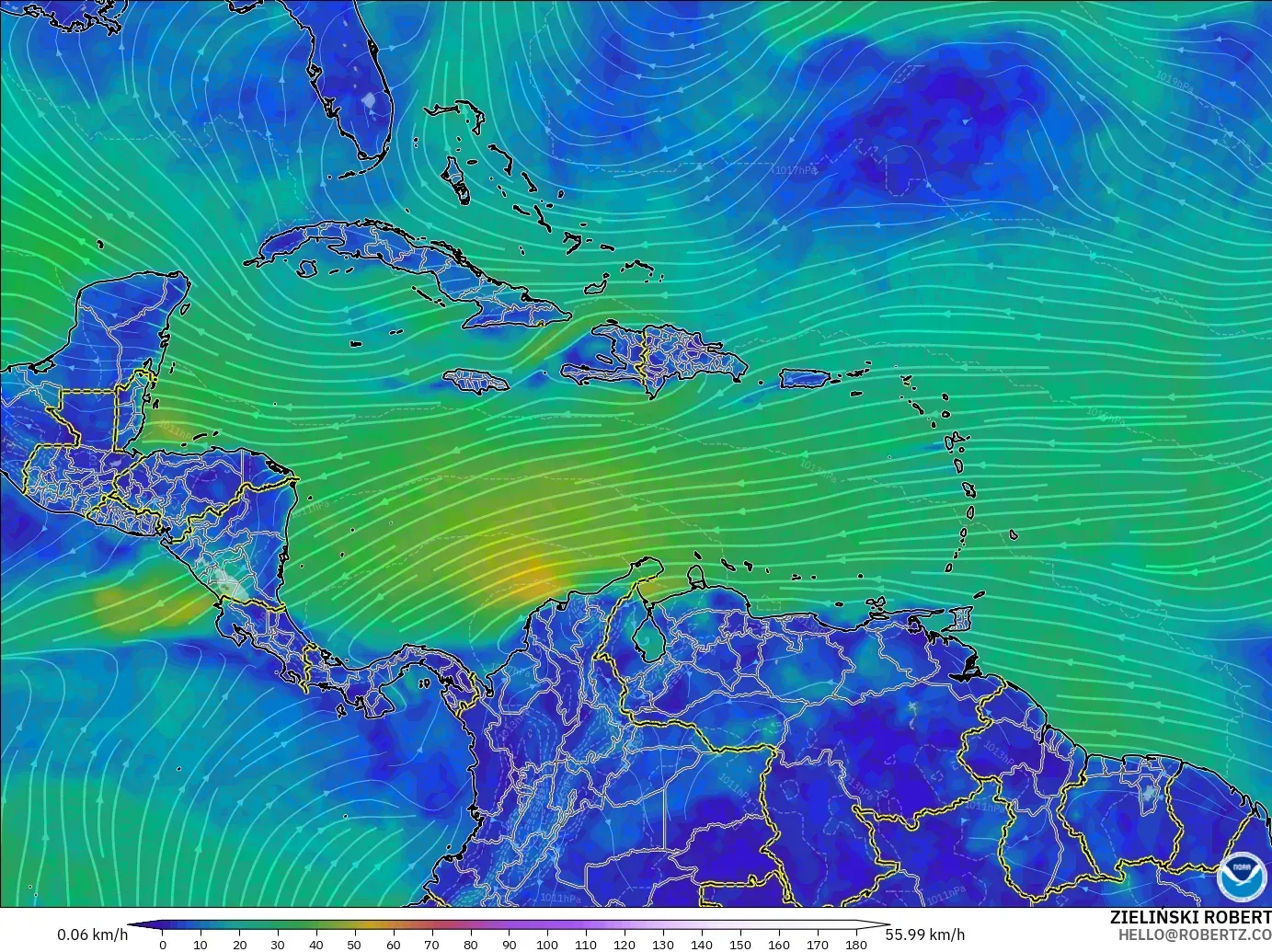 GFS modelo - Caribe, Viento a 10 m
