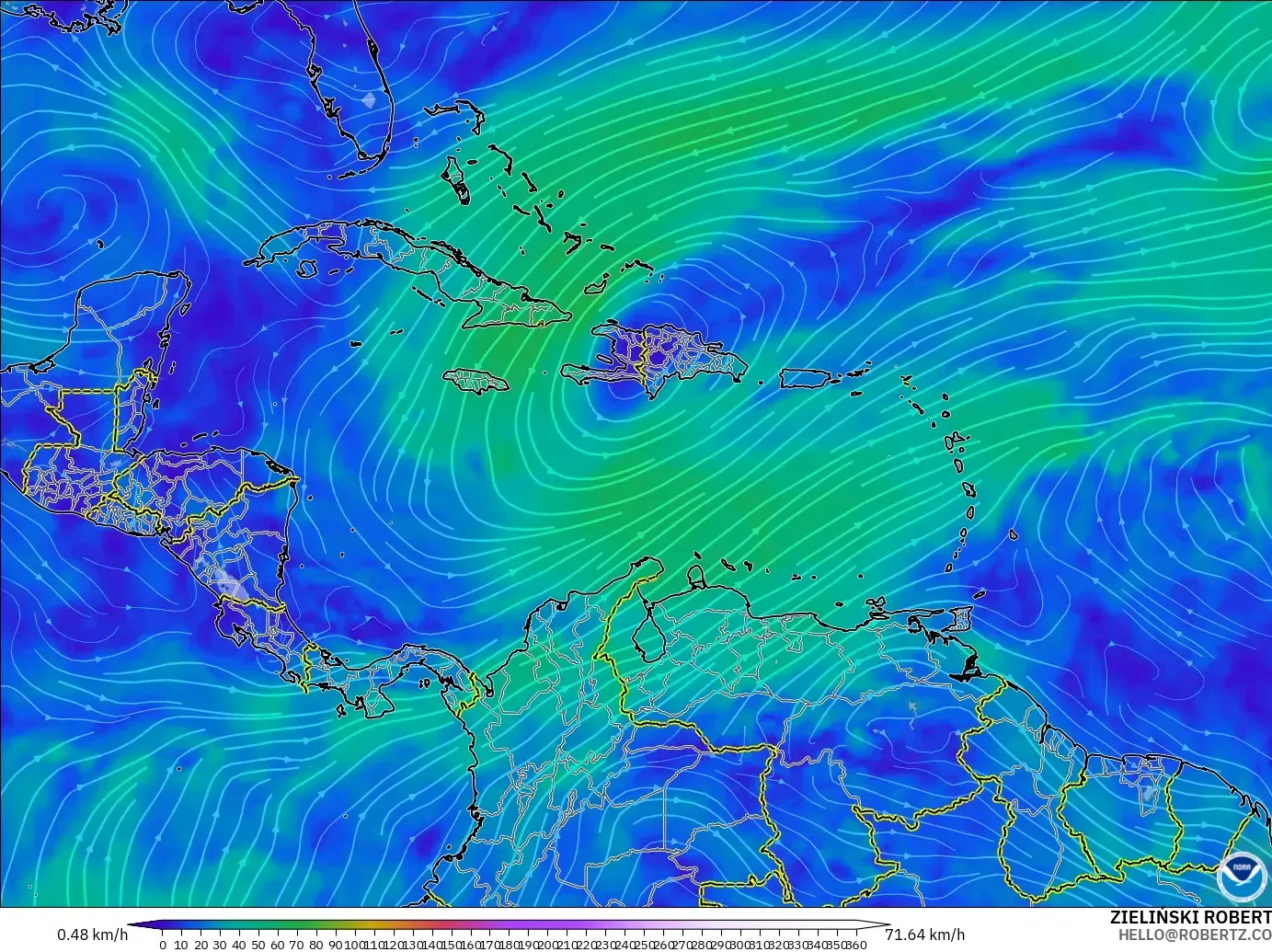 GFS modelo - Caribe, Viento a 300 hPa (corriente en chorro)