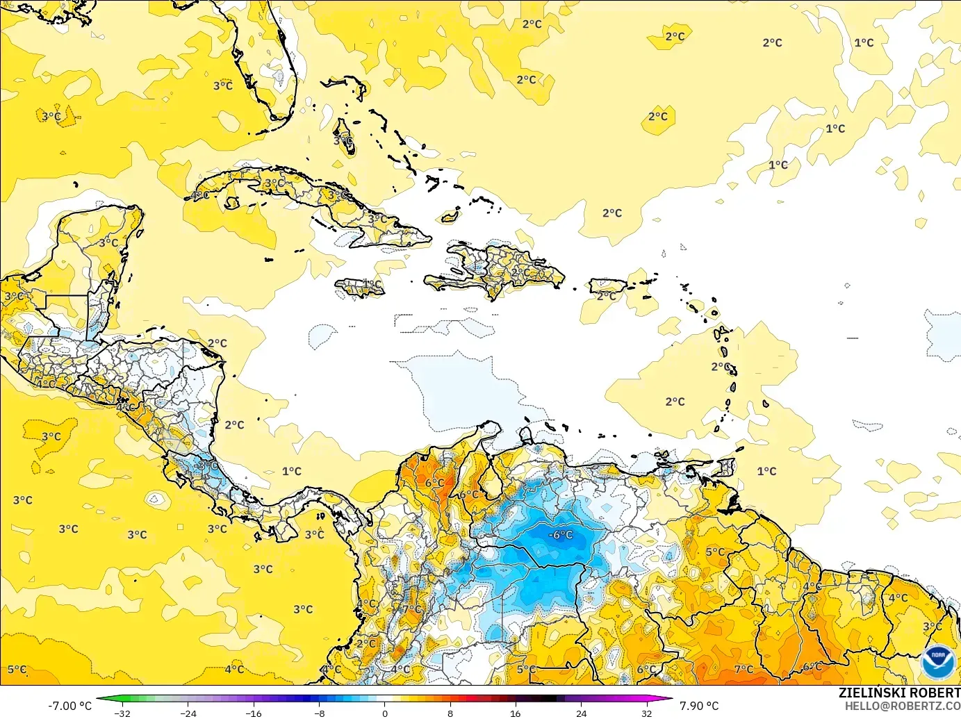 GFS modelo - Caribe, Anomalía de temperatura a 2 m