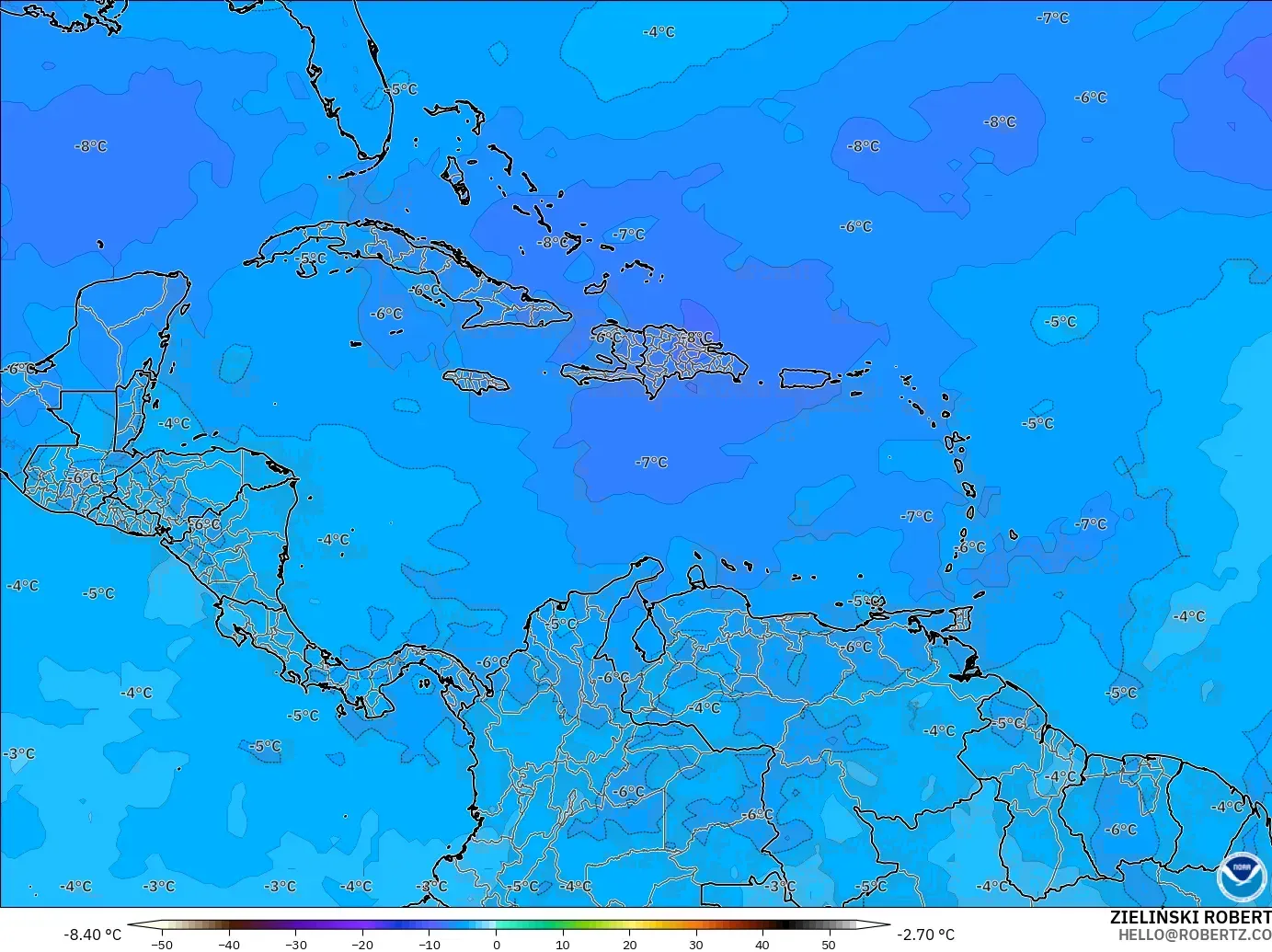 GFS modelo - Caribe, Temperatura a 500 hPa