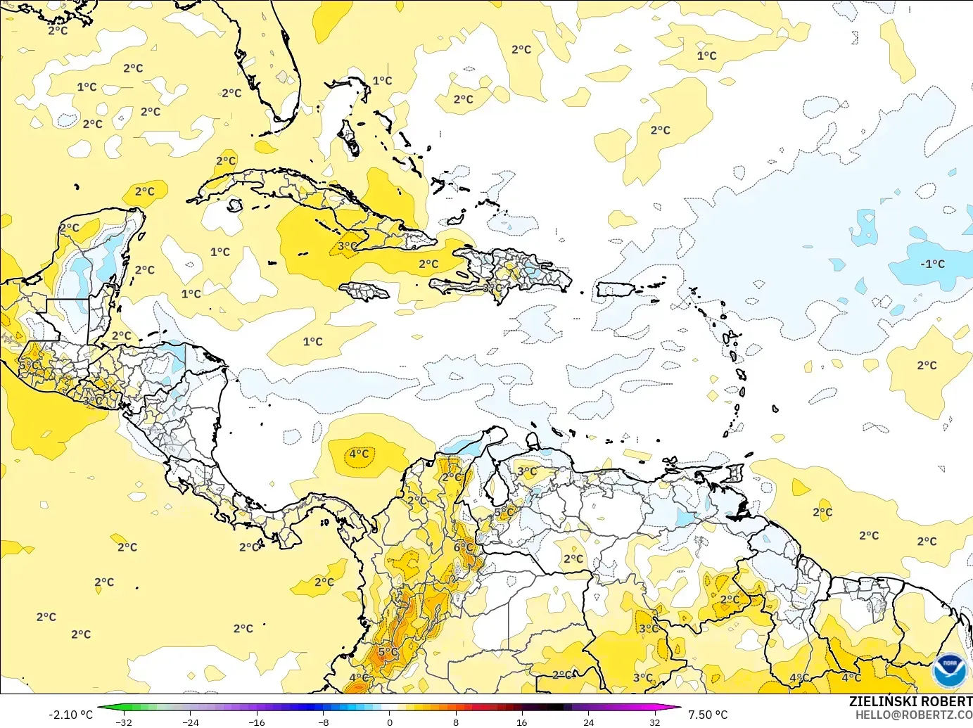 GFS modelo - Caribe, Anomalía de temperatura a 850 hPa
