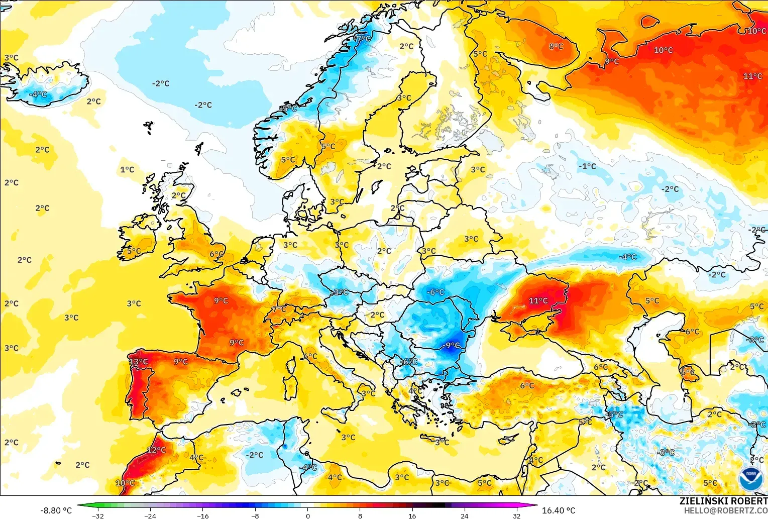 GFS modelo - Europa, Anomalía de temperatura a 2 m
