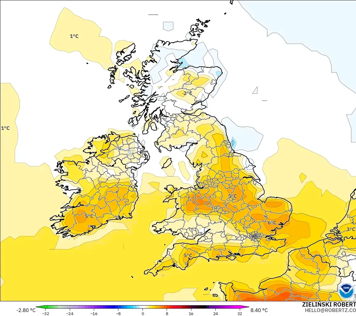 GFS modelo - Reino Unido, Anomalía de temperatura a 2 m