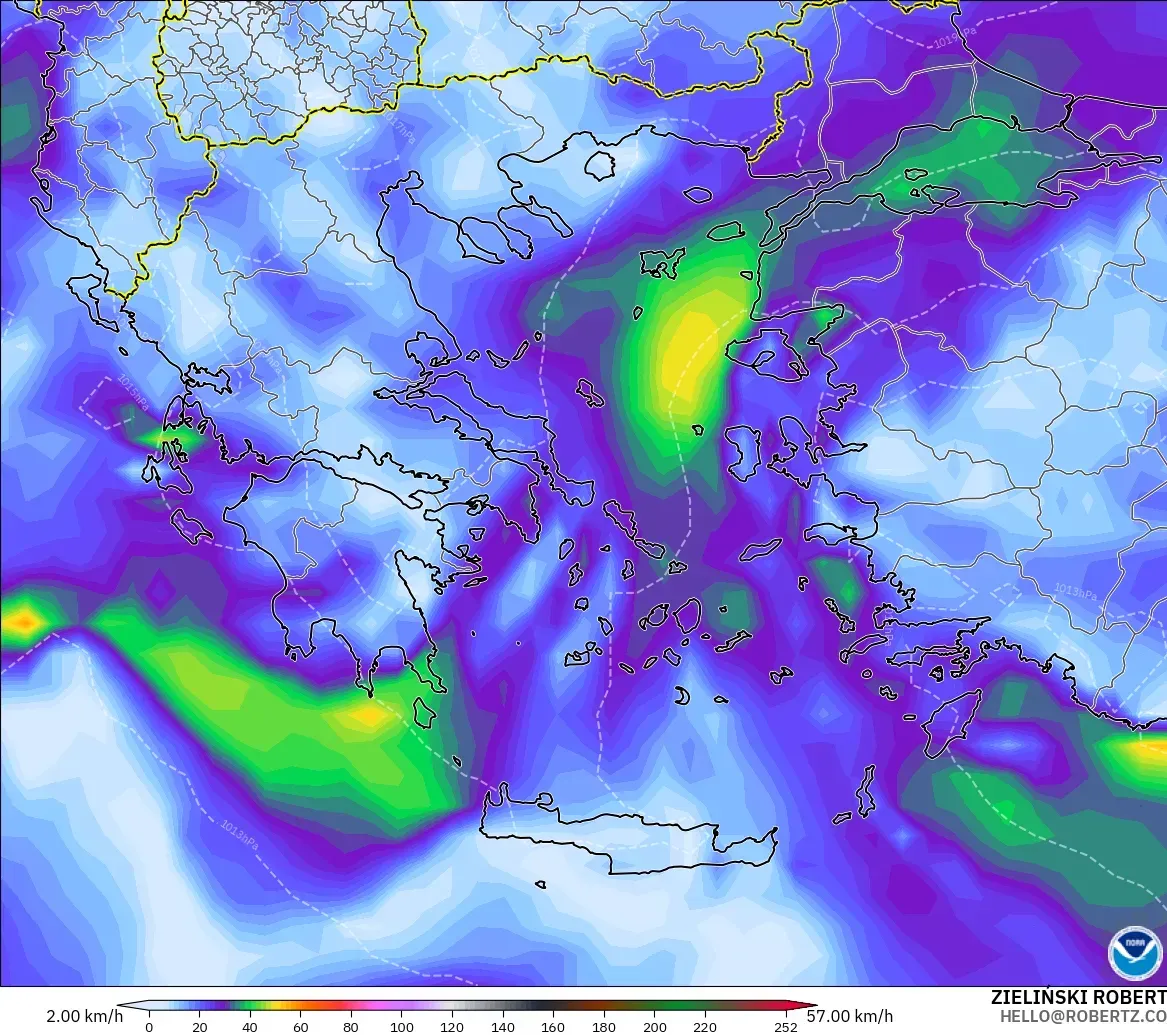 GFS modelo - Grecia, Ráfagas de viento