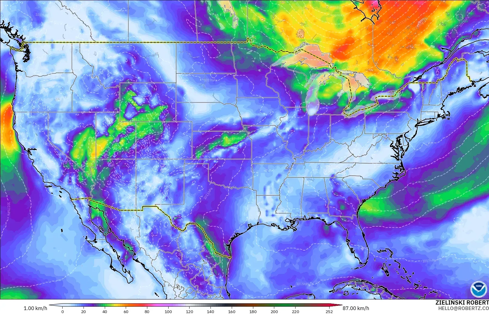 GFS modelo - Estados Unidos, Ráfagas de viento