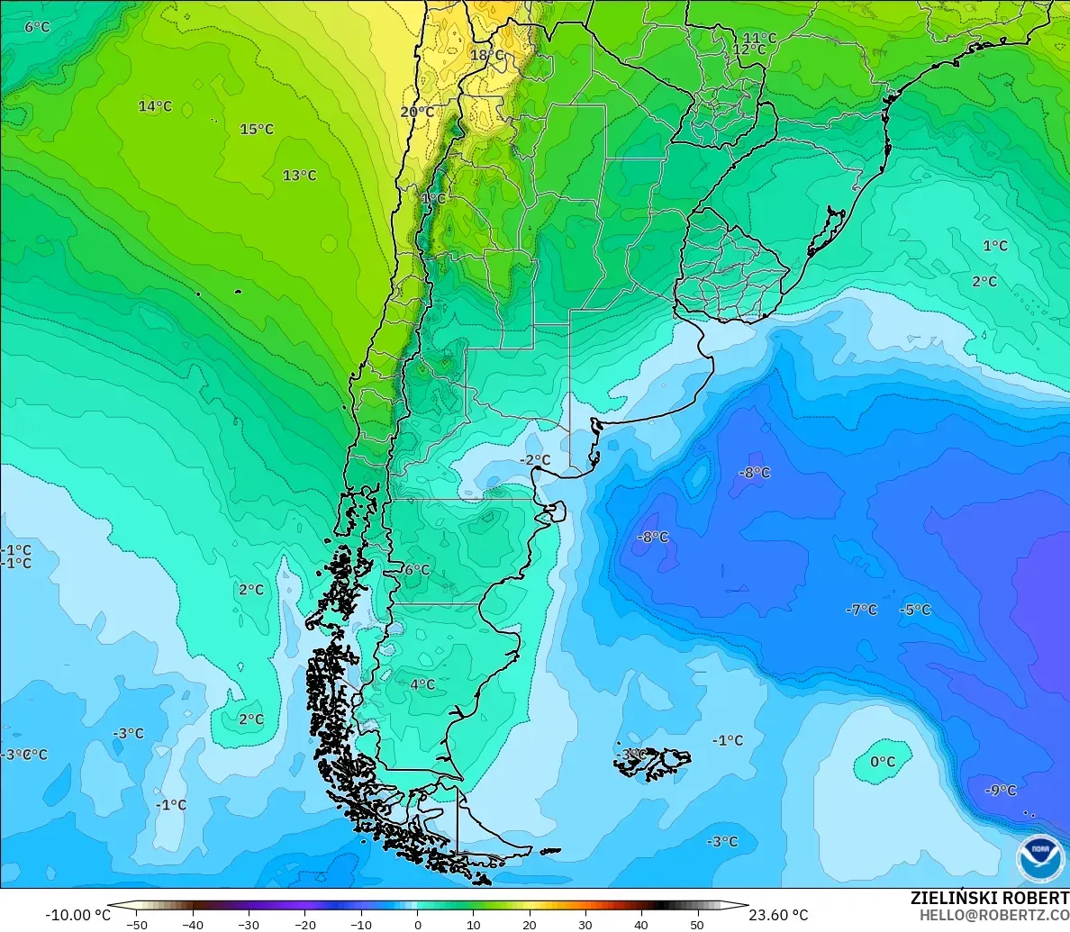 GFS modelo - Argentina, Temperatura a 850 hPa