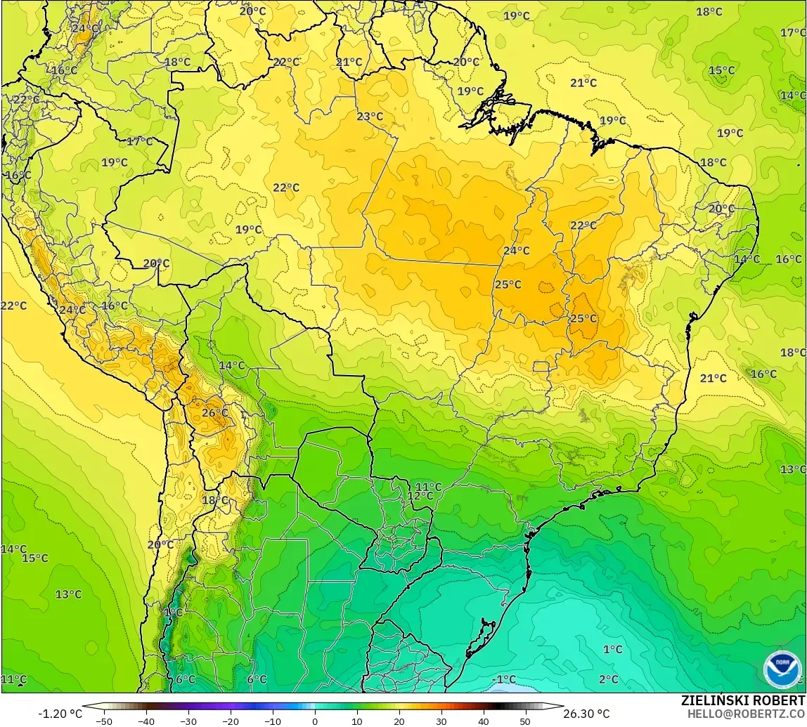 GFS modelo - Brasil, Temperatura a 850 hPa