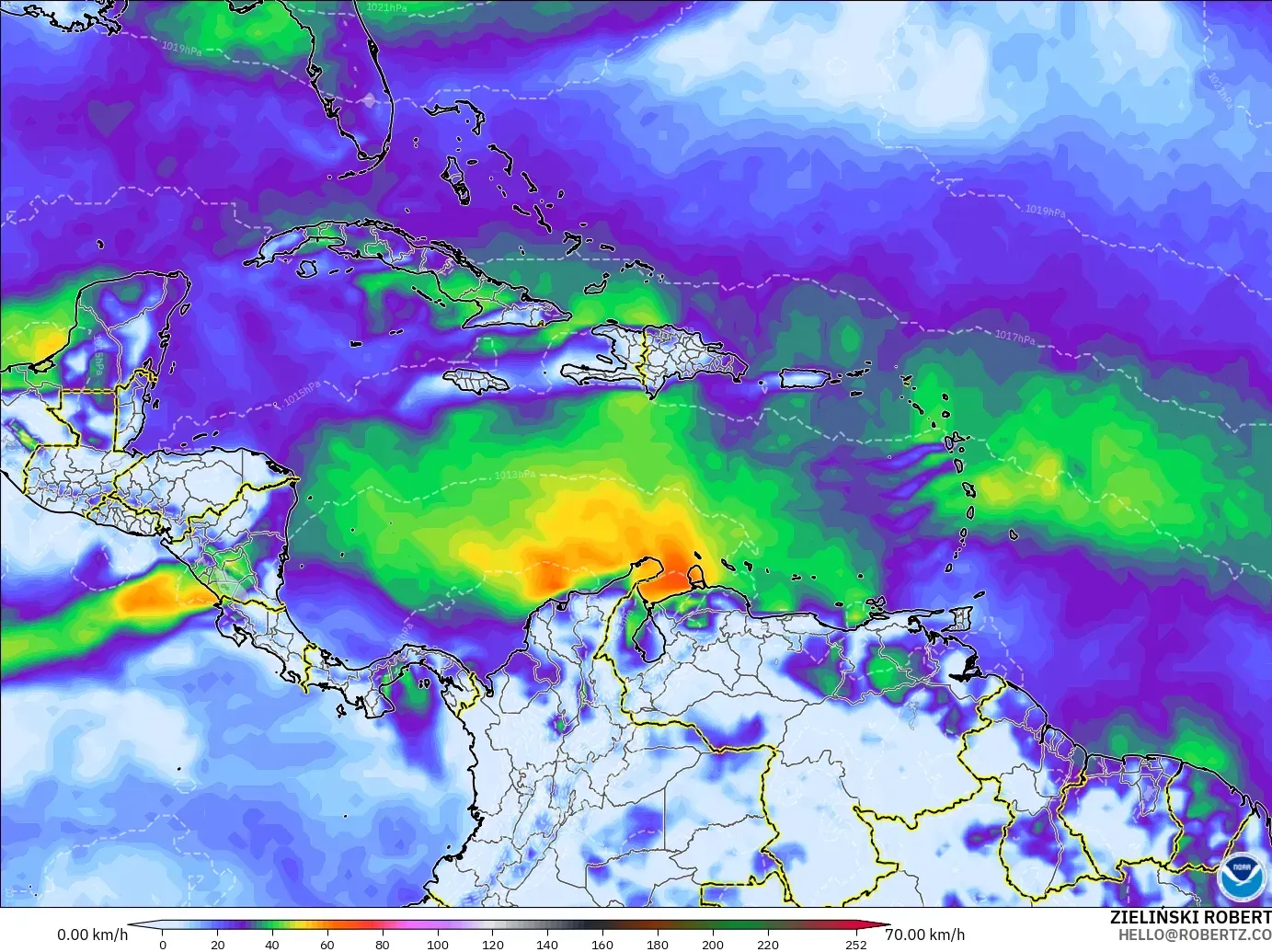 GFS modelo - Caribe, Ráfagas de Viento Máximas
