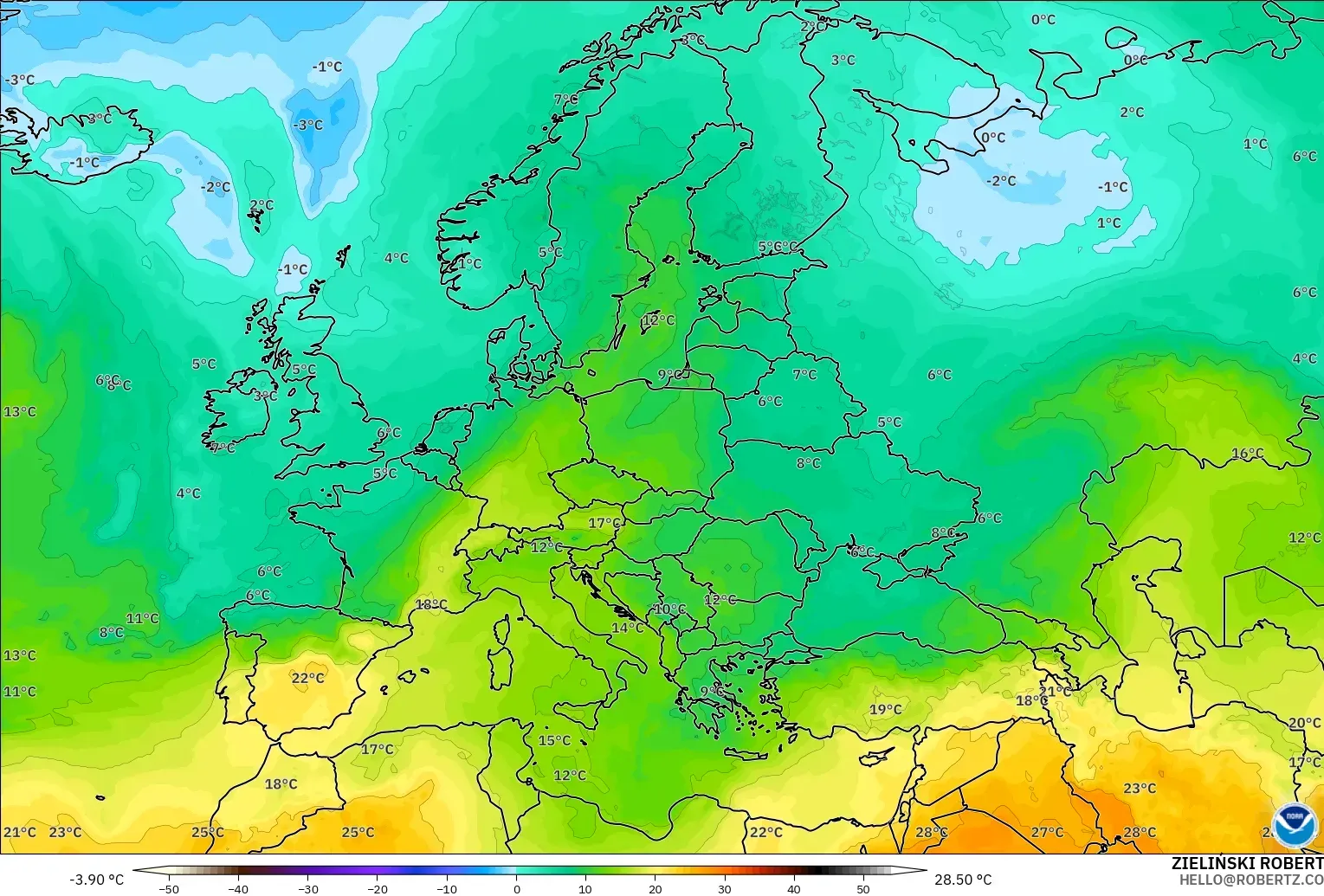 GFS modelo - Europa, Temperatura a 850 hPa