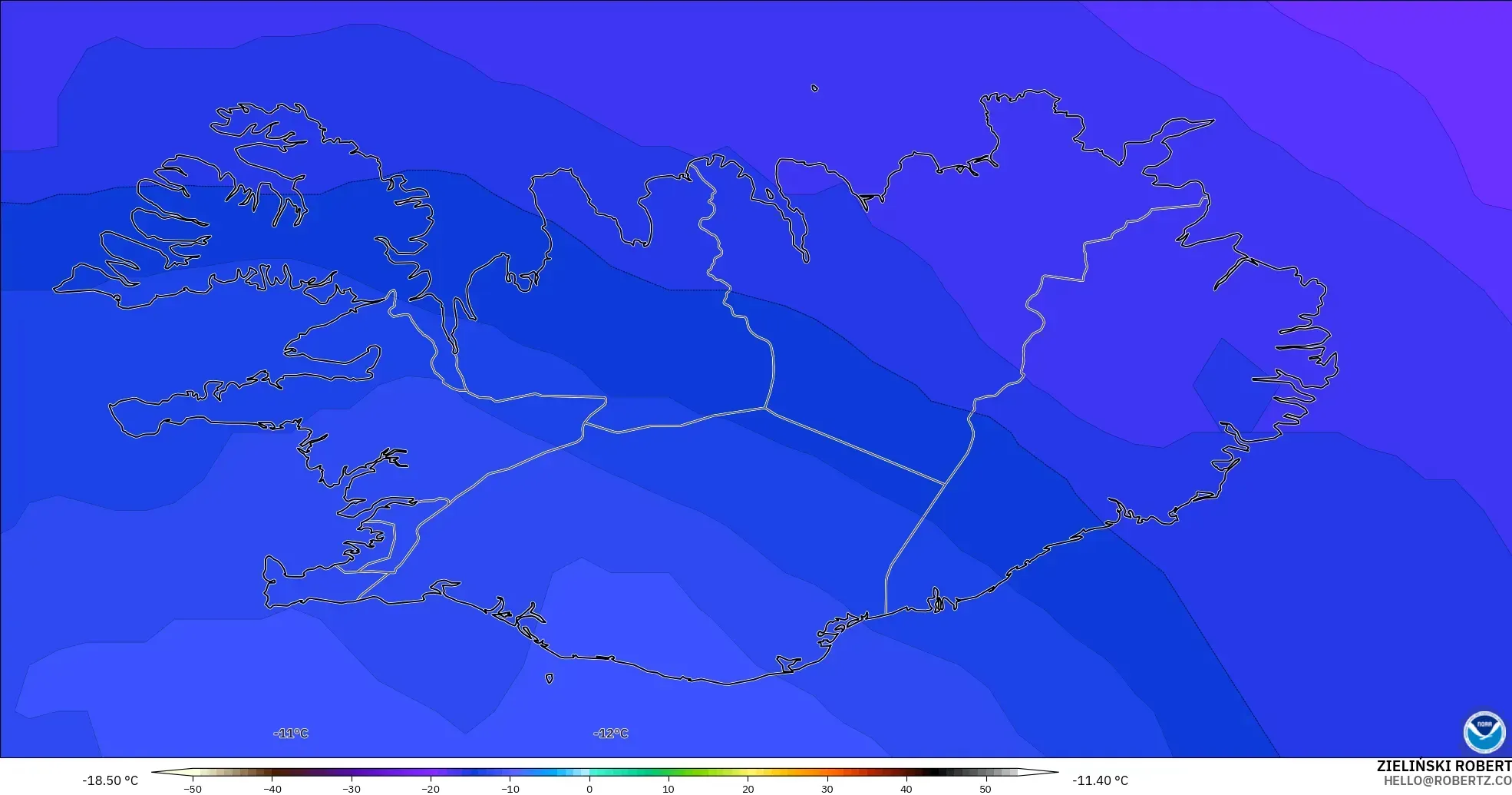 GFS modelo - Islandia, Temperatura a 500 hPa