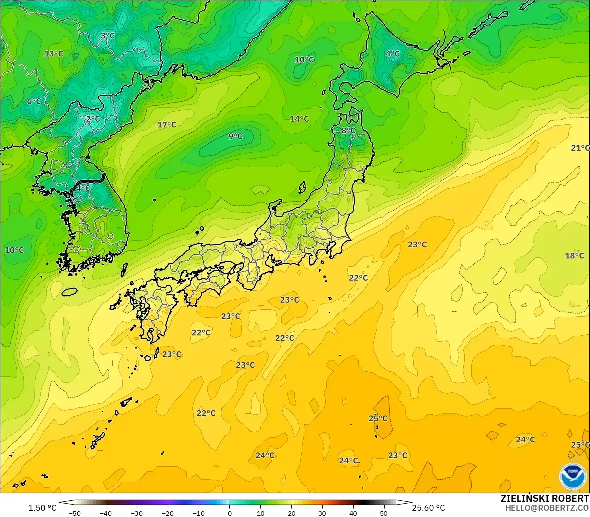 GFS modelo - Japón, Punto de rocío a 2 m