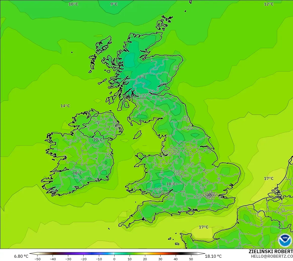 GFS modelo - Reino Unido, Temperatura a 2 m