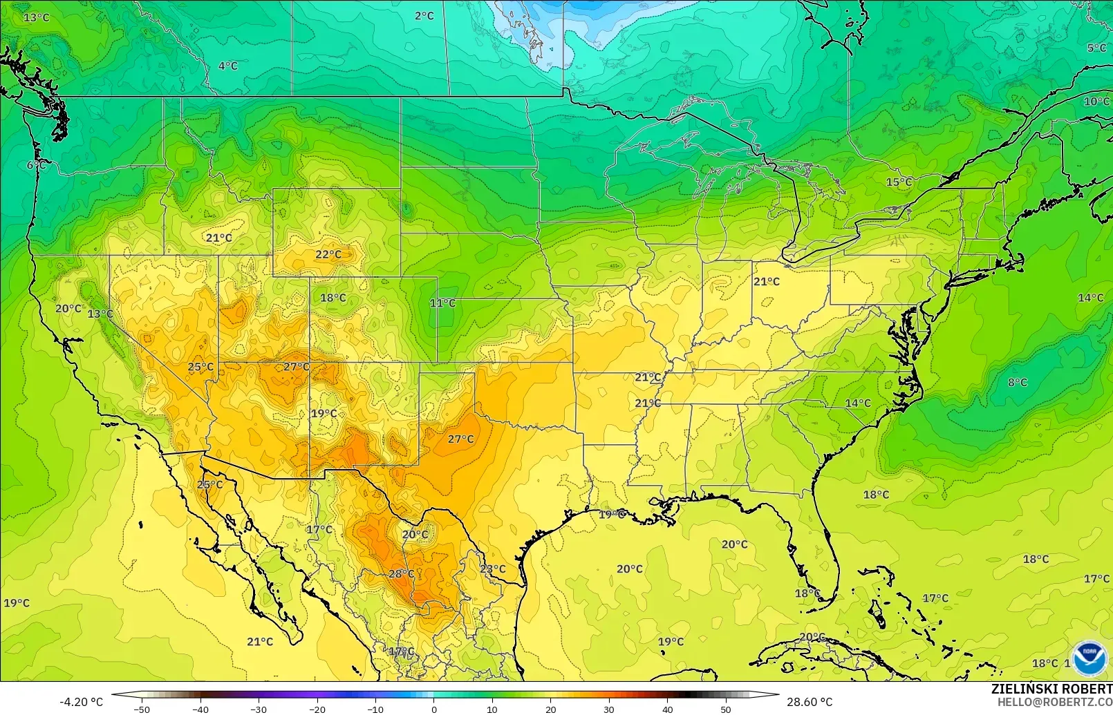 GFS modelo - Estados Unidos, Temperatura a 850 hPa