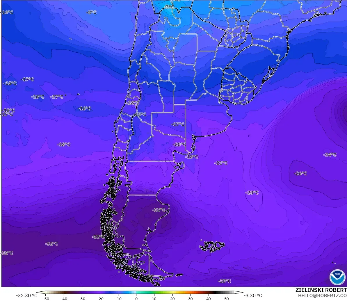 GFS modelo - Argentina, Temperatura a 500 hPa
