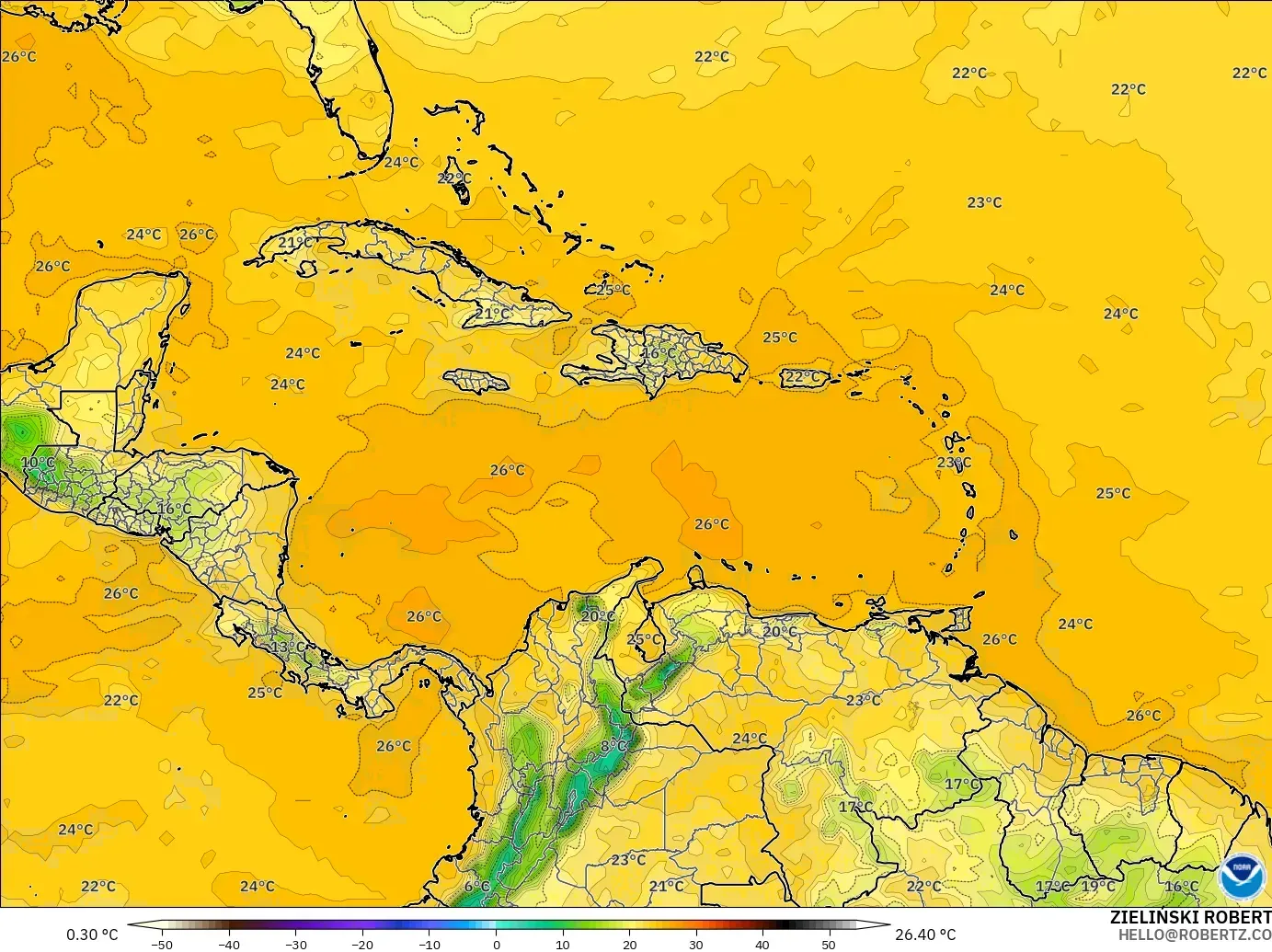 GFS modelo - Caribe, Punto de rocío a 2 m
