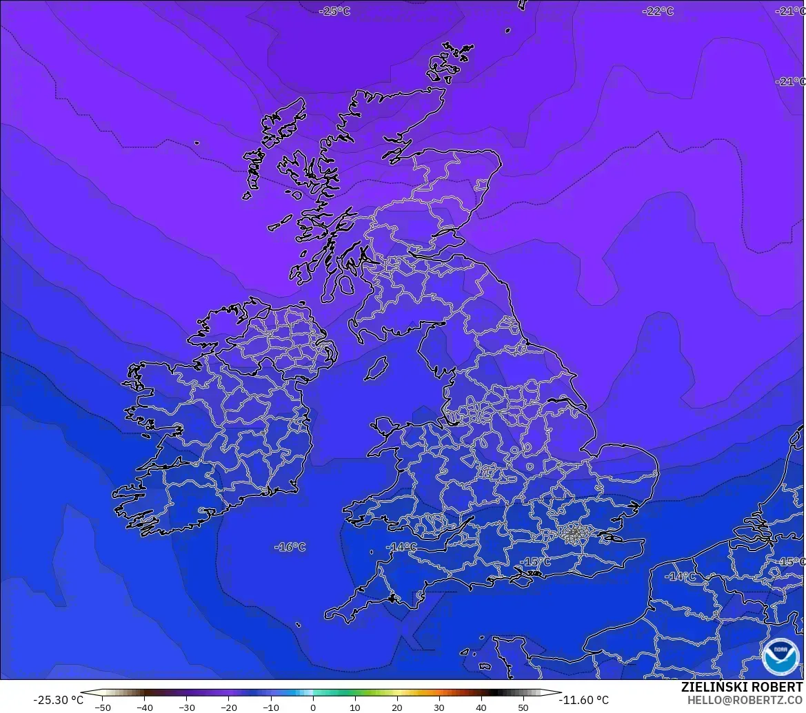 GFS modelo - Reino Unido, Temperatura a 500 hPa